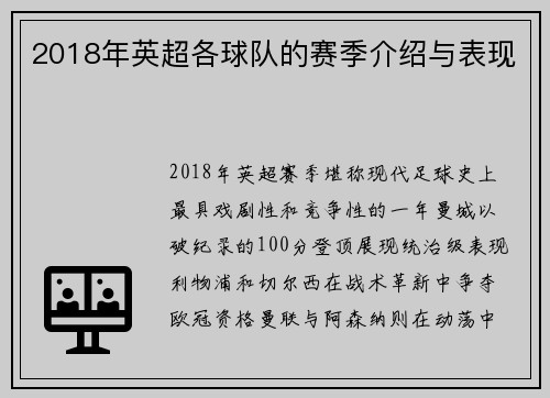 2018年英超各球队的赛季介绍与表现